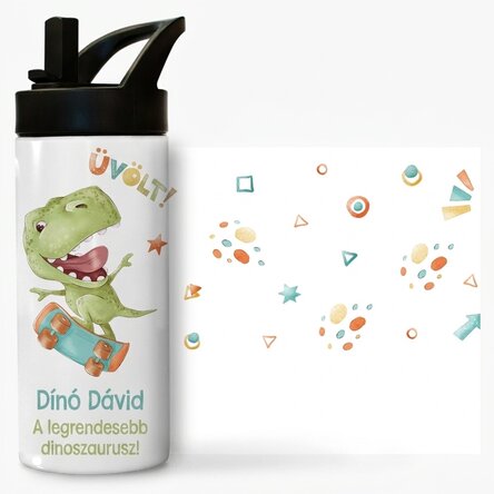 Fogantyúval és szívószállal ellátott termosz, gyermekeknek szóló üzenettel személyre szabva – Dino