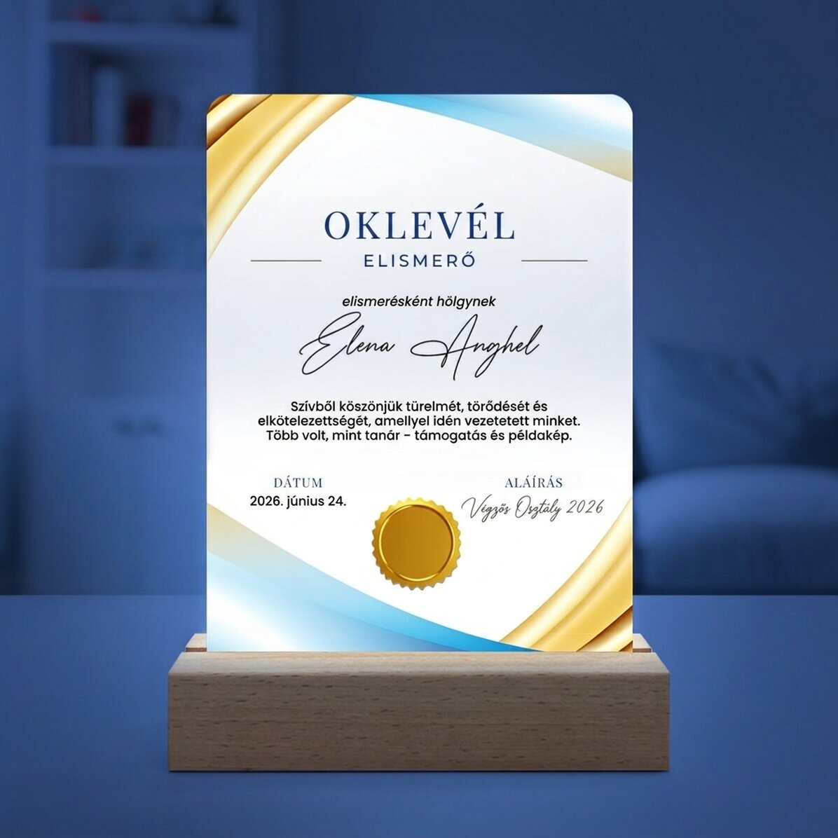 Személyre szabott LED éjszakai lámpa üzenettel - Elismerő oklevél