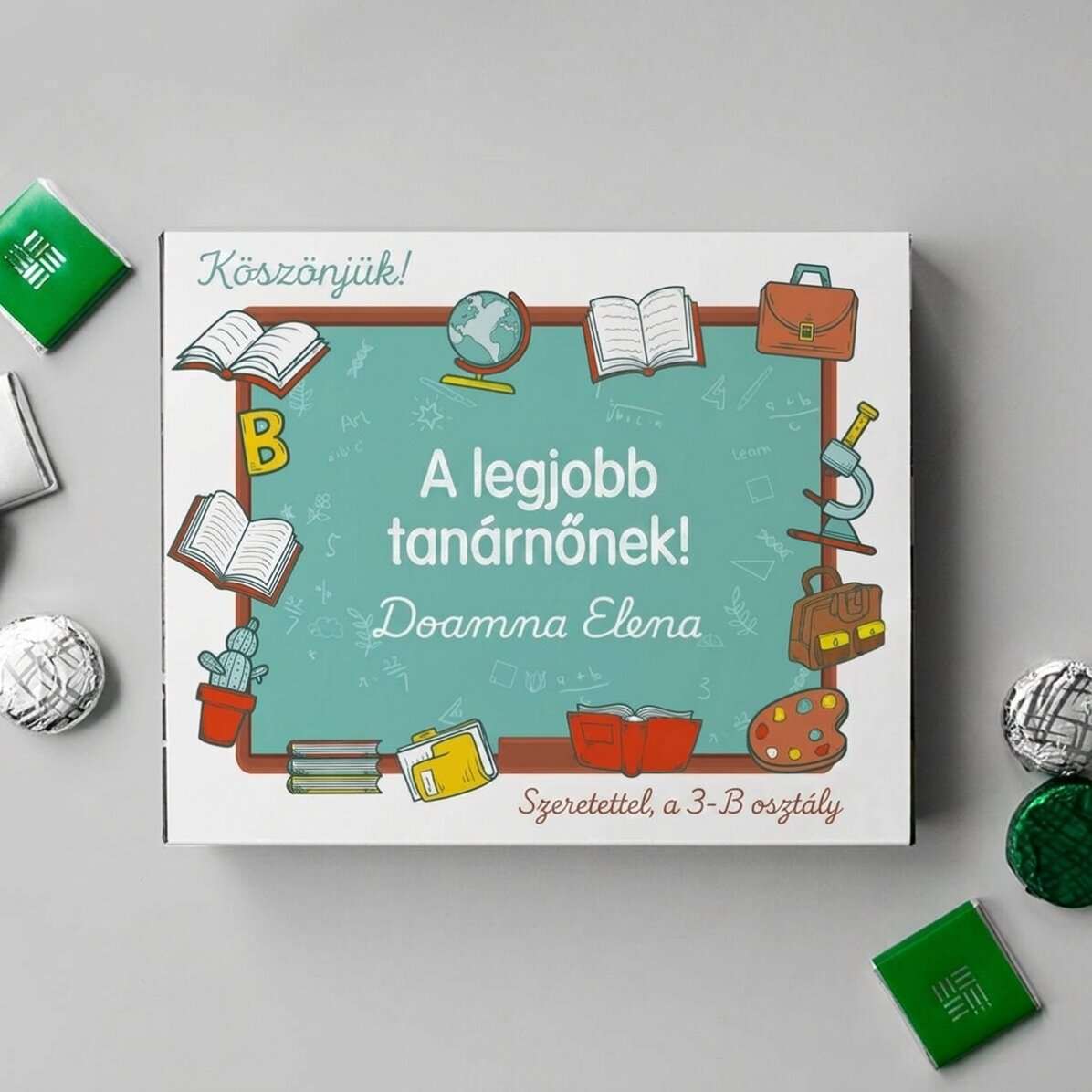 Személyre szabott csokoládédoboz köszönő üzenettel a tanároknak
