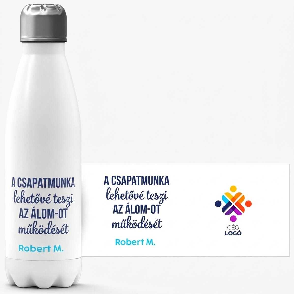 Fehér alapú termosz, logóval és üzenettel személyre szabva – Csapatmunka