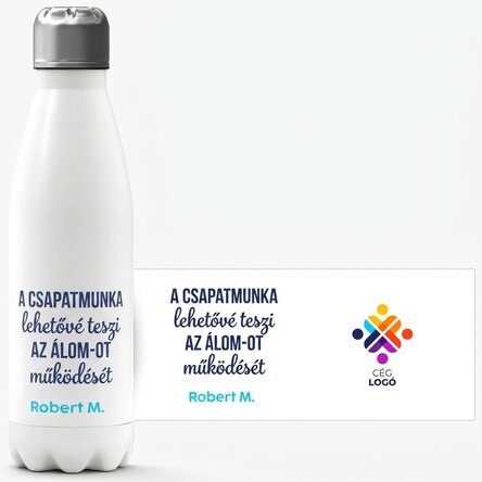 Fehér alapú termosz, logóval és üzenettel személyre szabva – Csapatmunka