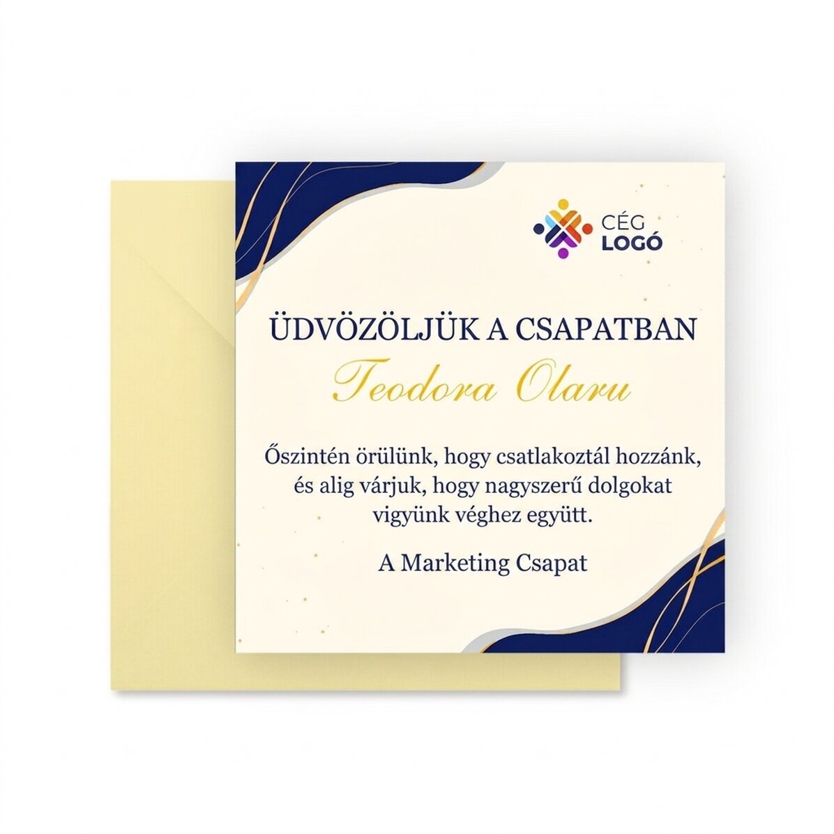 Személyre szabott négyzet alakú kártya logóval és üzenettel – Üdvözöljük