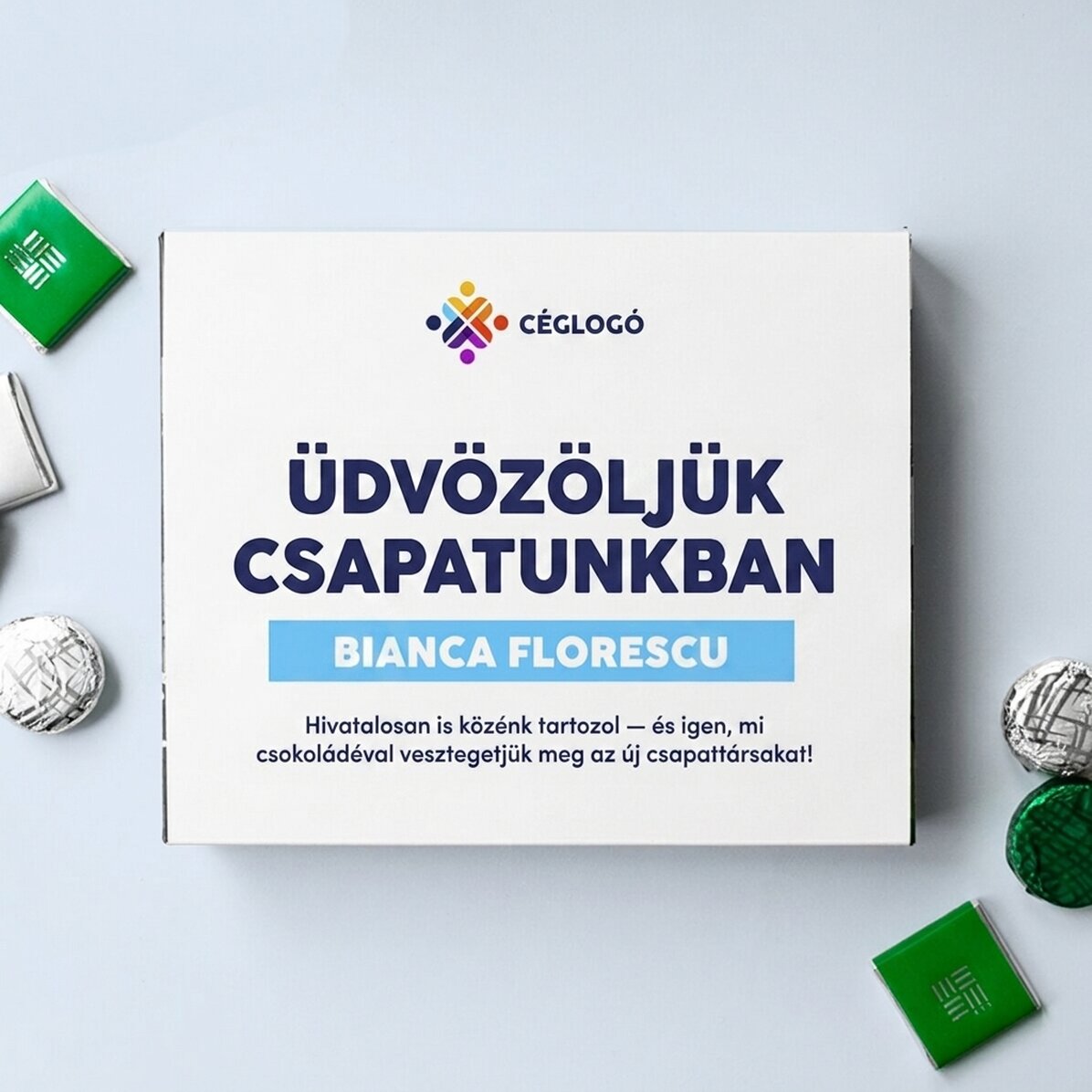 Személyre szabott csokoládédoboz üzenettel és logóval az alkalmazottak számára