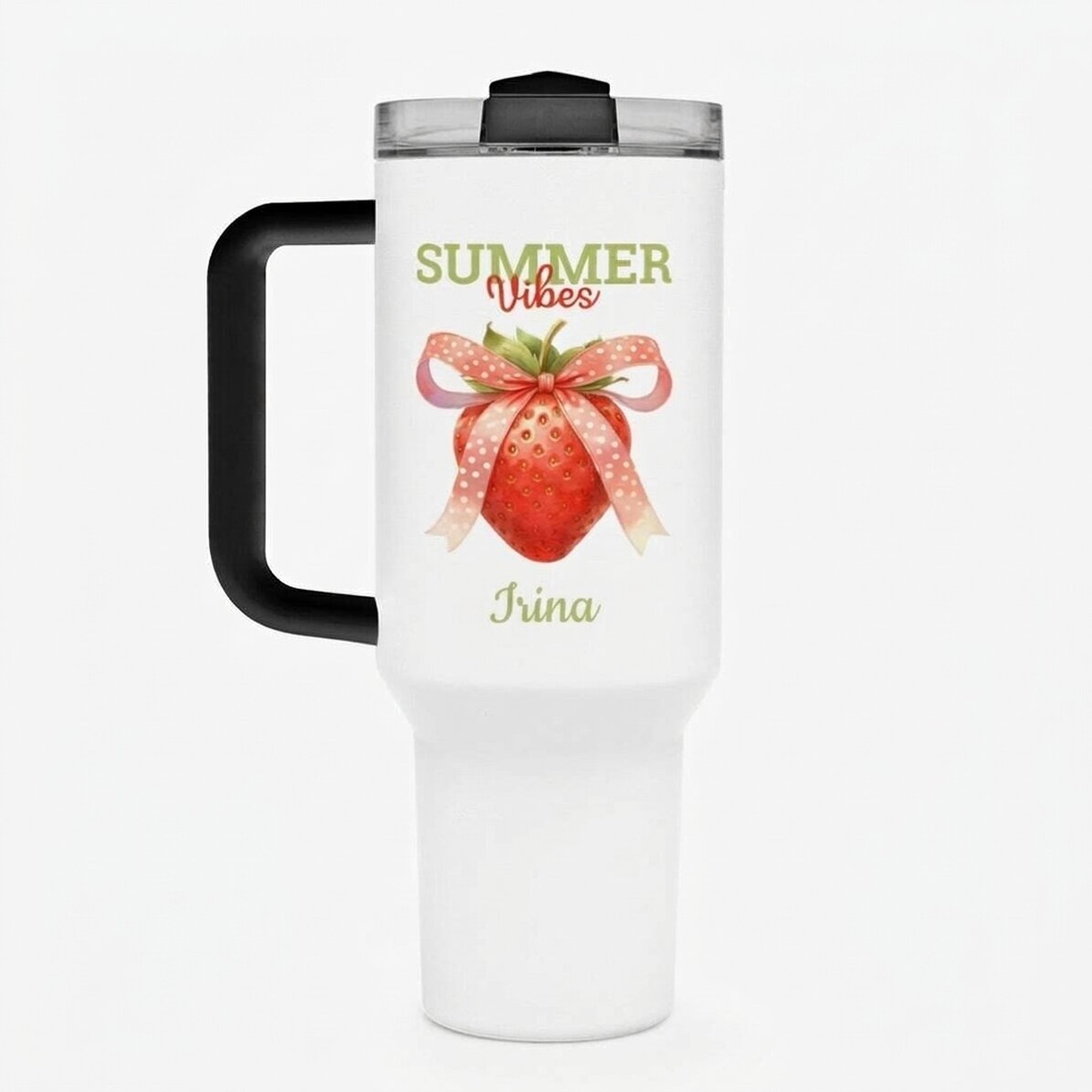 Fogantyúval és szívószállal ellátott termoszpohár, személyre szabott üzenettel – Summer Vibes