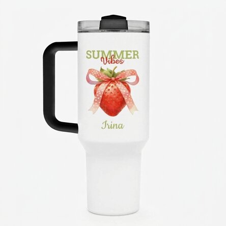 Fogantyúval és szívószállal ellátott termoszpohár, személyre szabott üzenettel – Summer Vibes