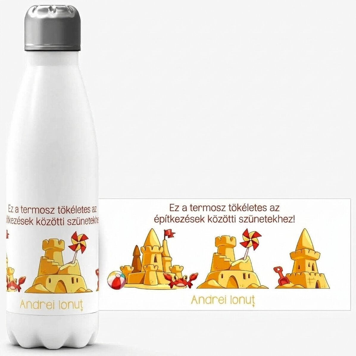 Fehér alapú, üzenettel személyre szabott termosz - Tengerparti nyaralás