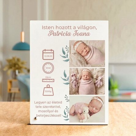 Személyre szabott asztali képkeret szöveggel és 3 fotóval – Üdvözöljük a világban!