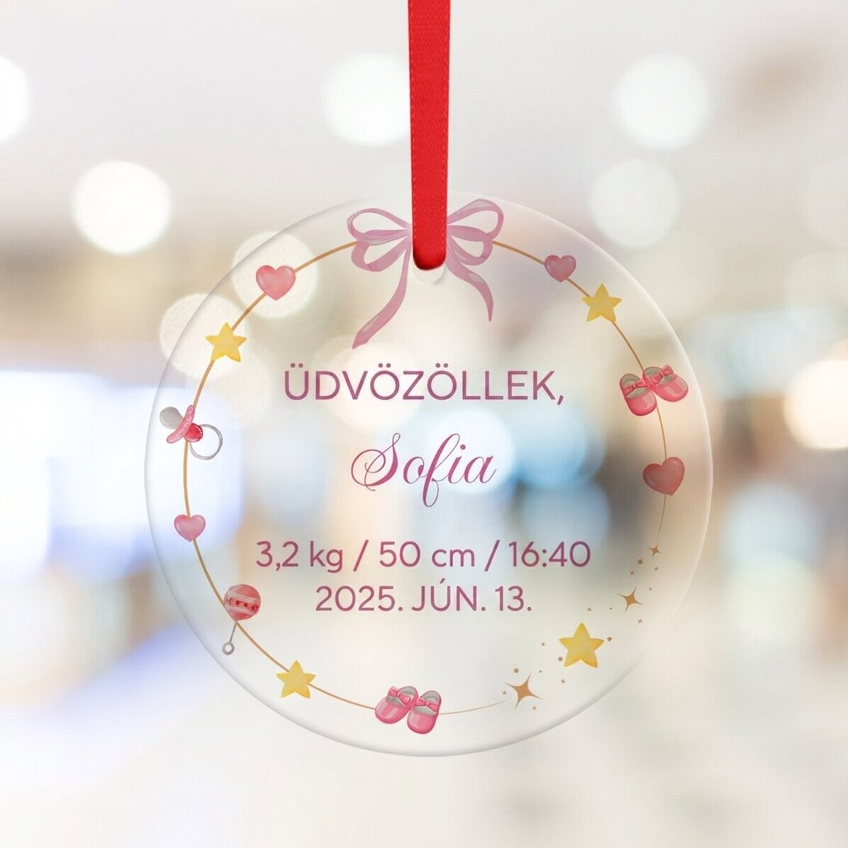 Személyre szabott kerek dísz szöveggel - Üdvözöljük, baba!