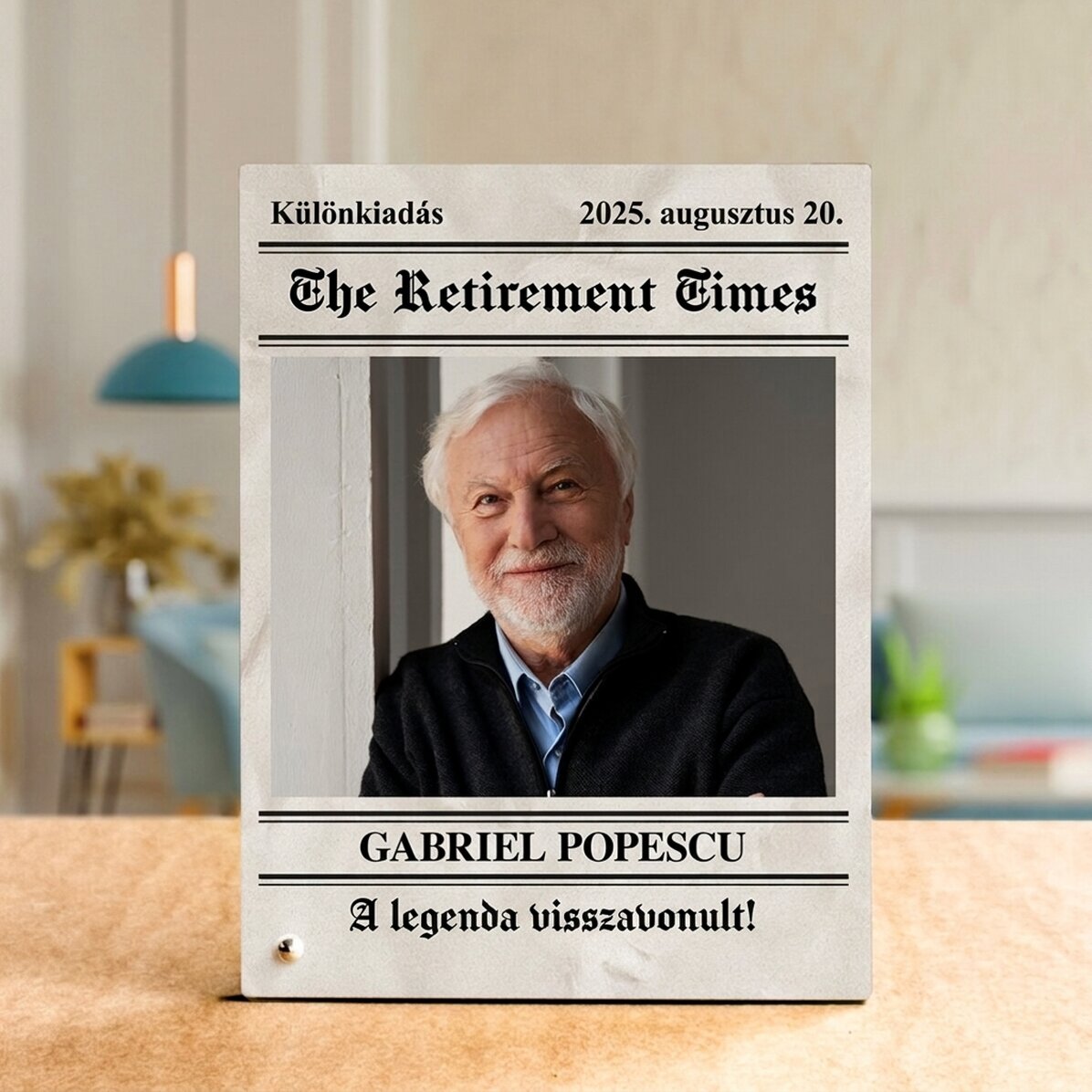 Személyre szabott asztali képkeret fotóval és nyugdíjazási szöveggel