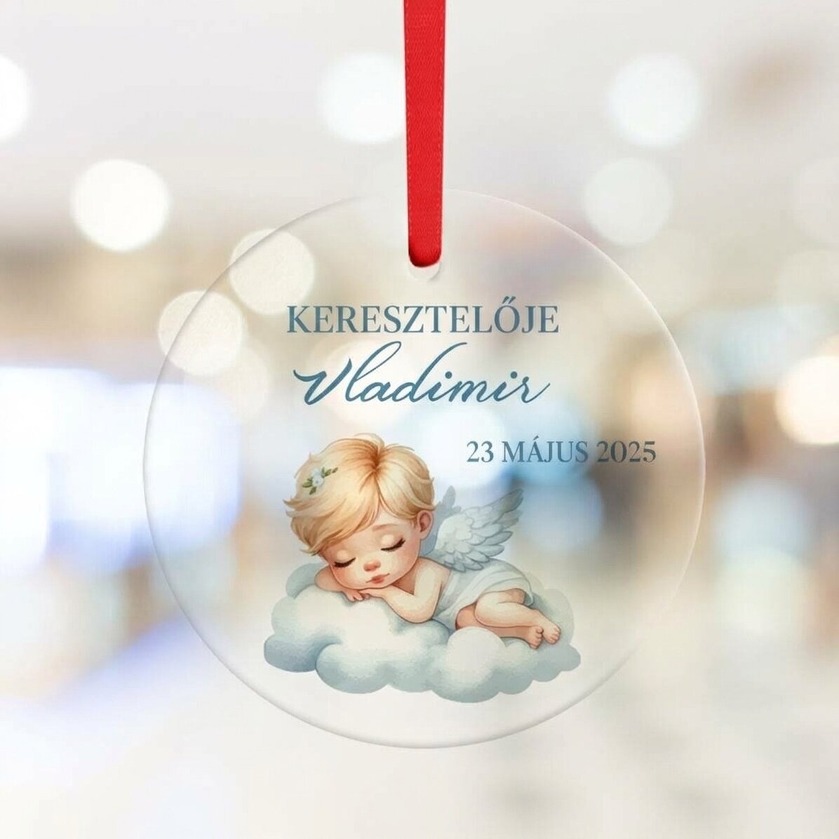 Személyre szabott kerek dísz szöveggel - keresztelő