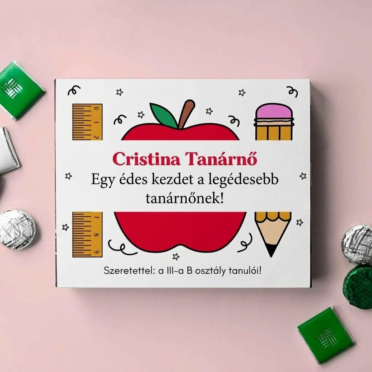 Személyre szabott csokoládédoboz üzenettel a tanároknak
