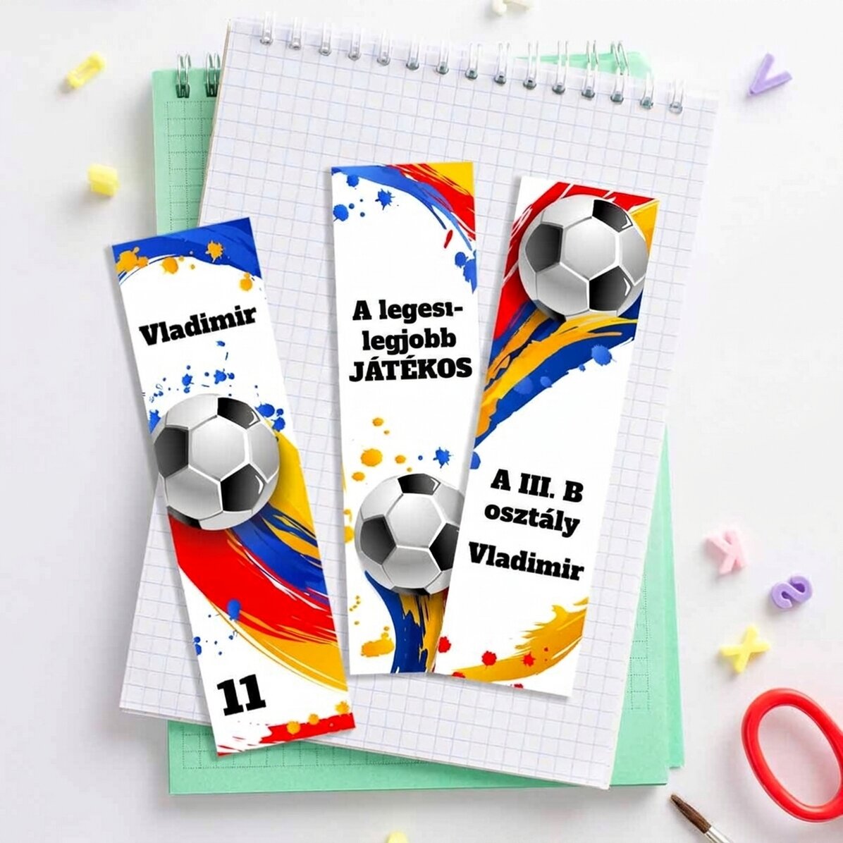 3 darabos személyre szabott könyvjelző készlet szöveggel - Futball