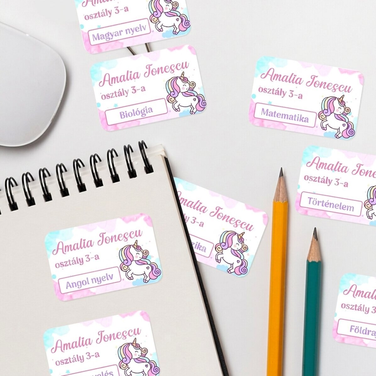 8 darab egyedi matricák (önragasztó címkék) készlet iskolába - Unicorn