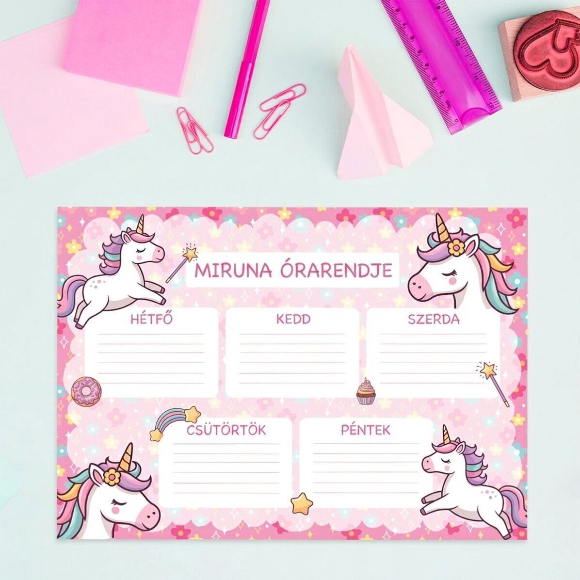 Személyre szabott órarend szöveggel - Unicorns