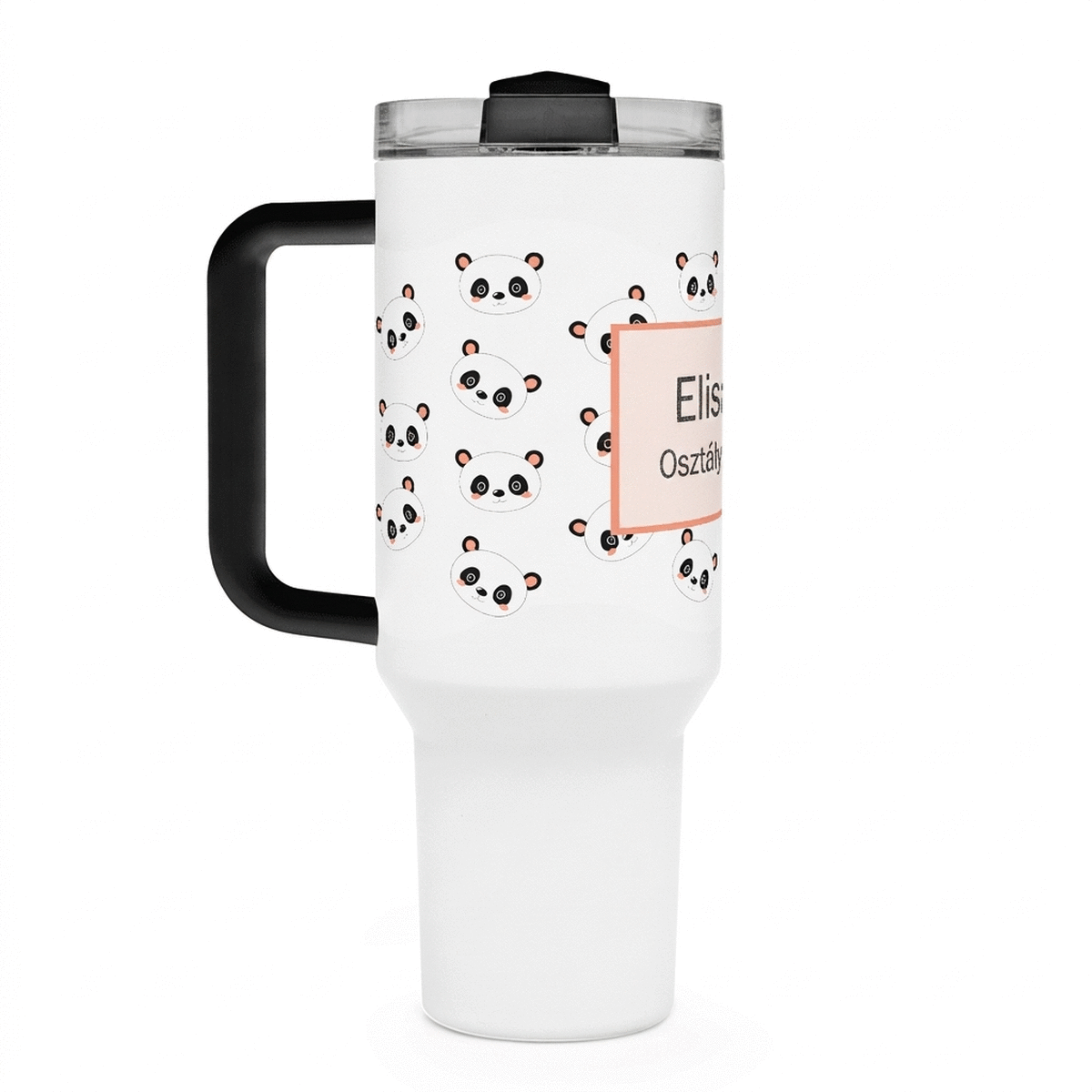 Fogantyúval és szívószállal ellátott termoszpohár, személyre szabott szöveggel - Cute Panda