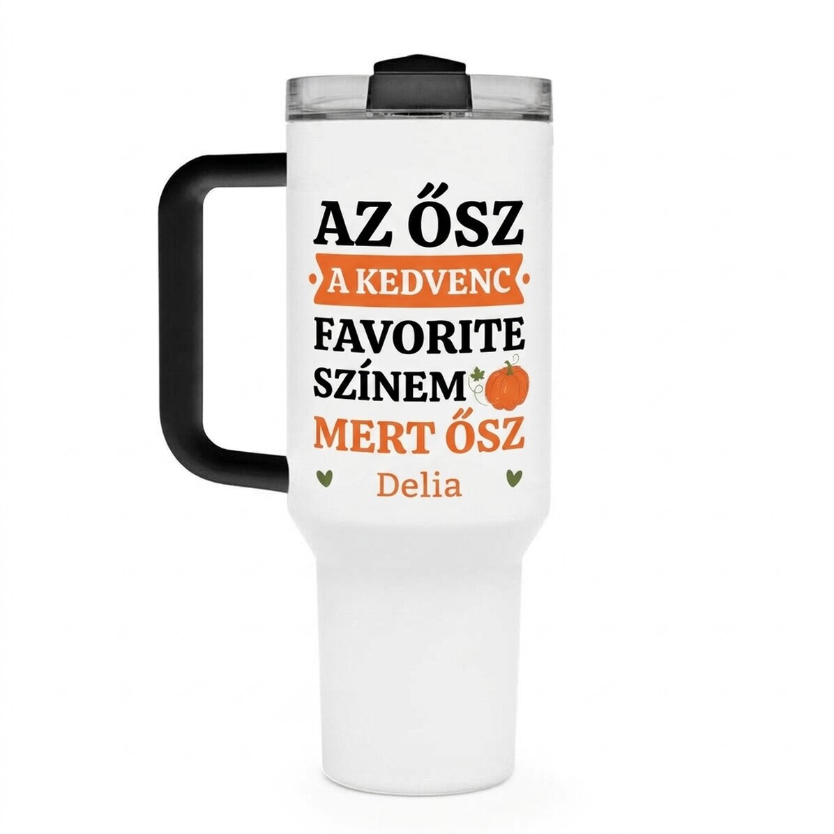 Fogantyúval és szalmával ellátott termosz bögre, személyre szabott szöveggel - Ősz