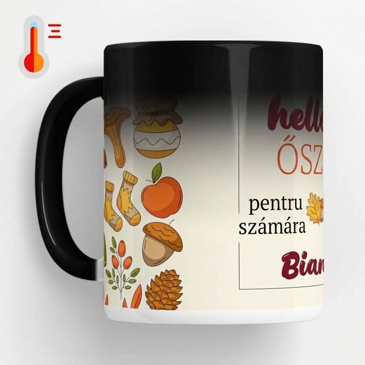 Személyre szabott, hőérzékeny bögre szöveggel - Hello Autumn