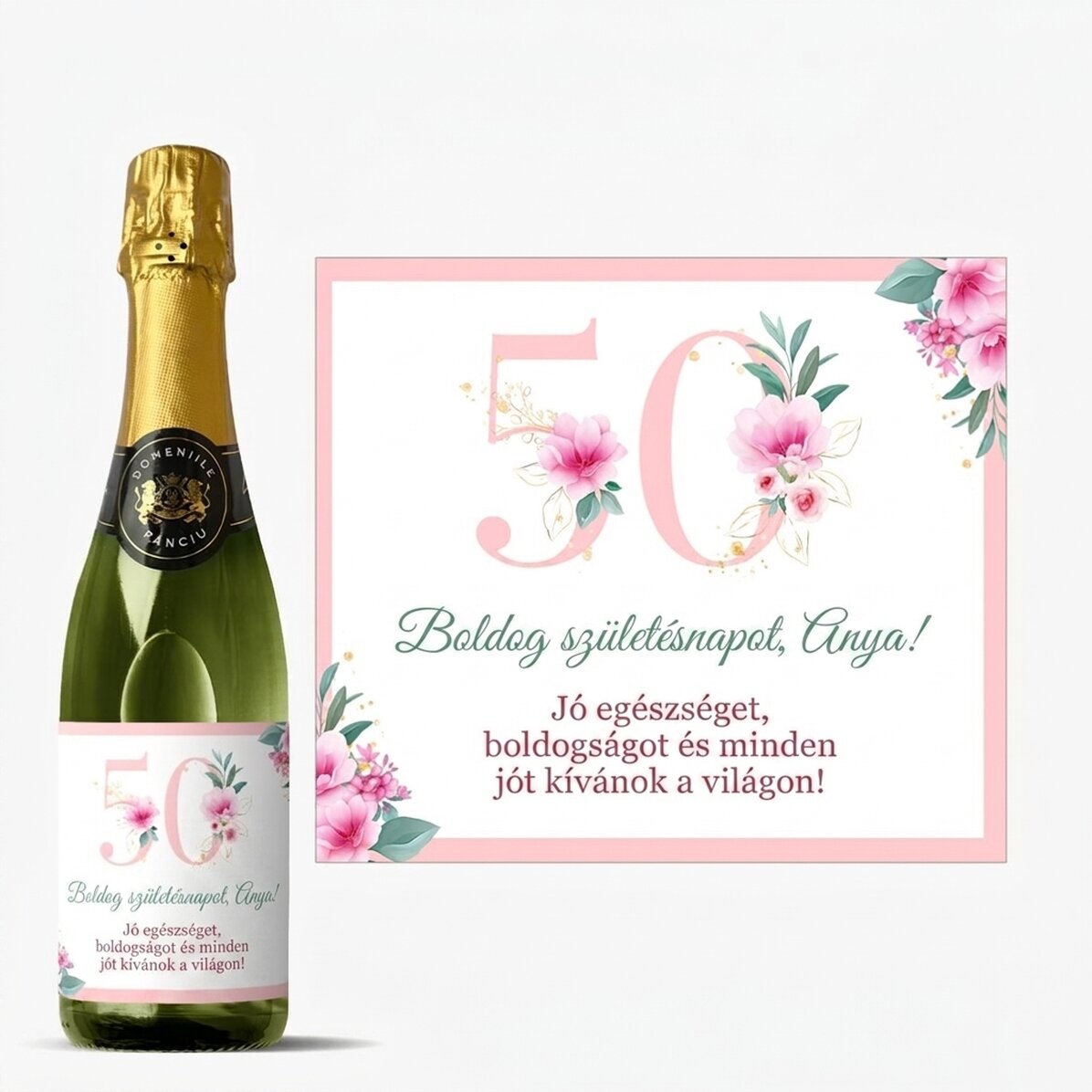 Közepes méretű pezsgősüveg, szöveggel személyre szabva – Virágok