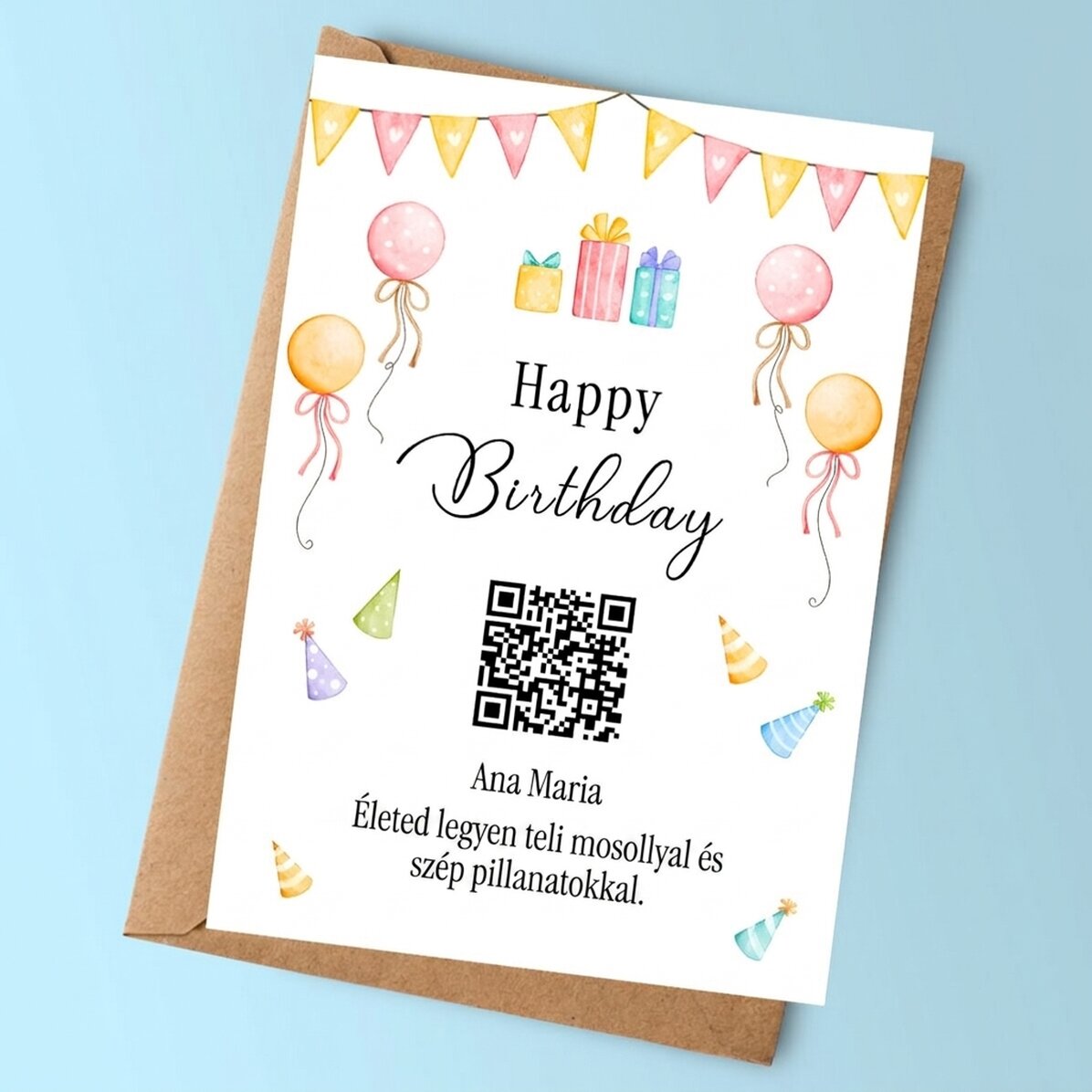 Személyre szabott kártya szöveggel és QR-kóddal – Boldog születésnapot!