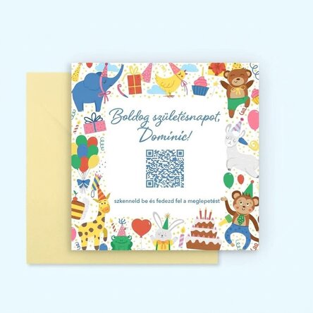 Személyre szabott négyzet alakú kártya szöveggel és QR-kóddal – Gyerekek