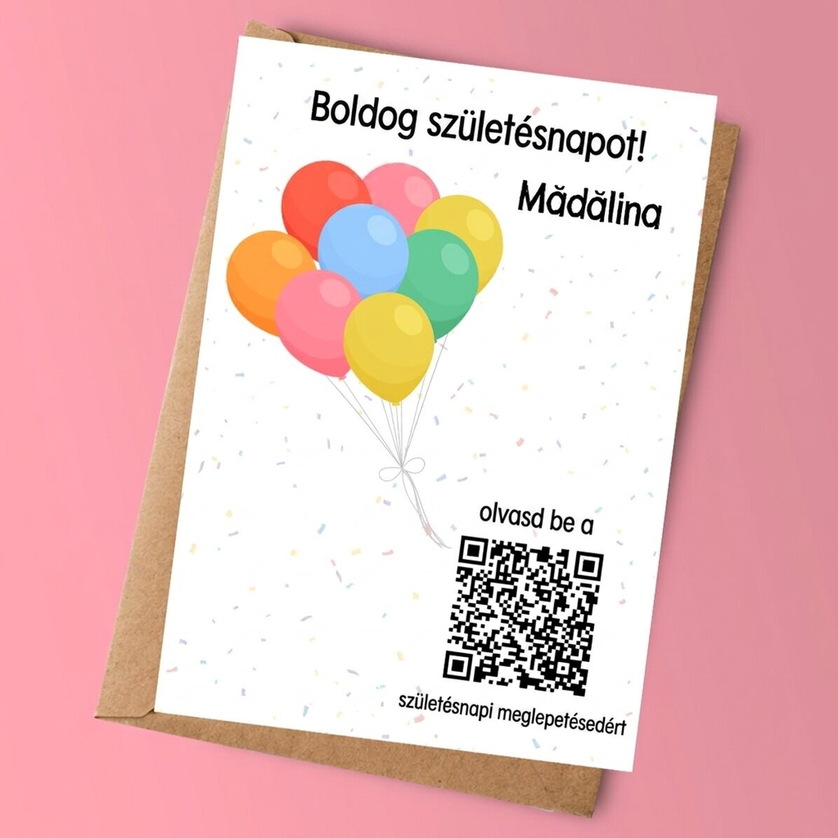 Személyre szabott kártya szöveggel és QR-kóddal – Fedezze fel a meglepetést!