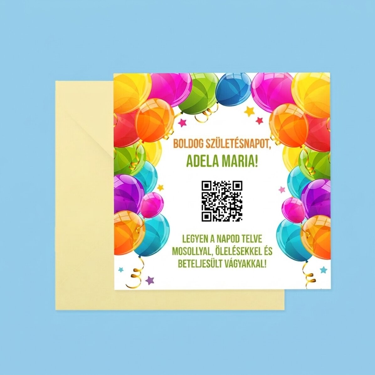 Személyre szabott négyzet alakú kártya szöveggel és QR-kóddal – Boldog születésnapot!