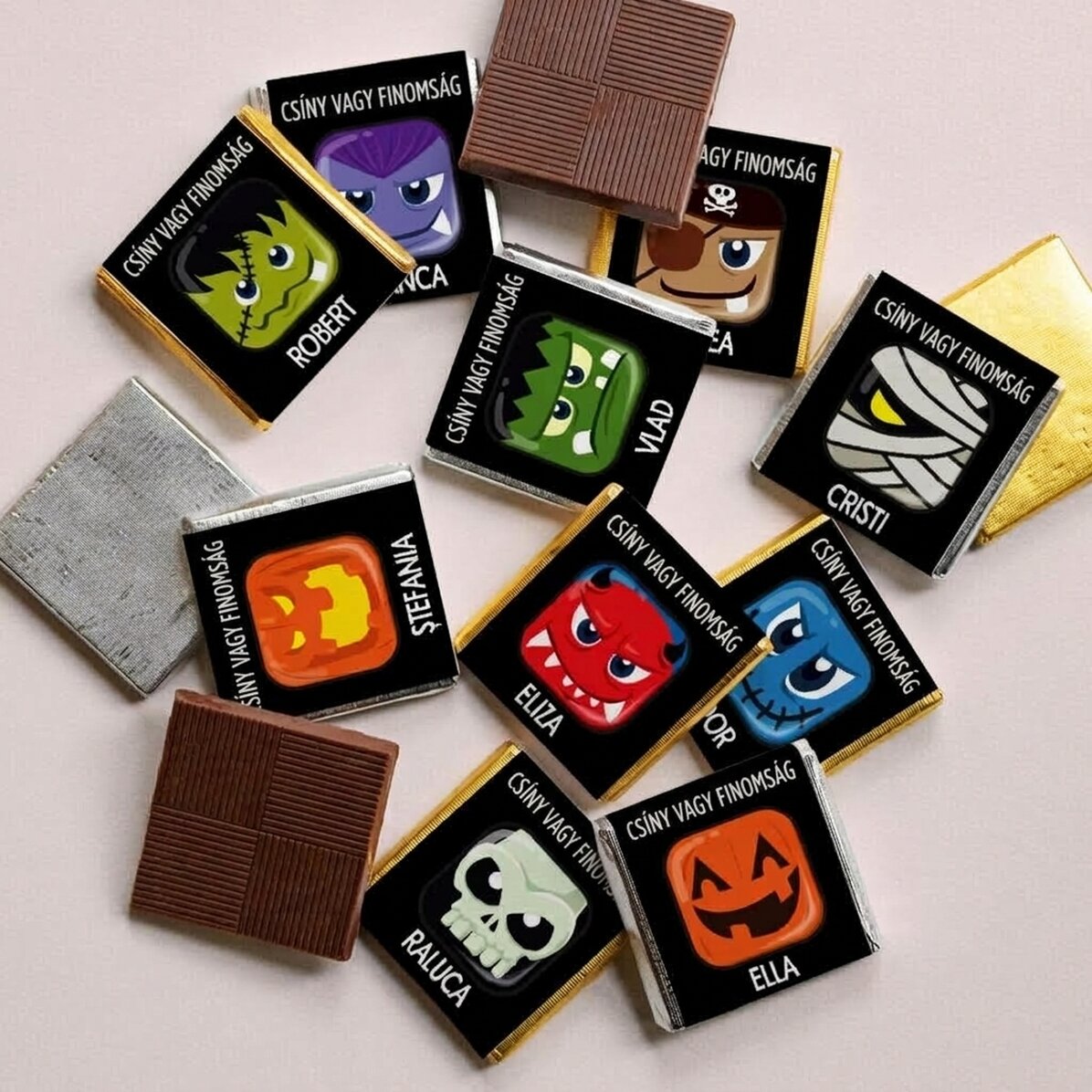 10 darabos mini csokoládé szett, személyre szabott felirattal – Trick or Treat (Csokit vagy csínyt)