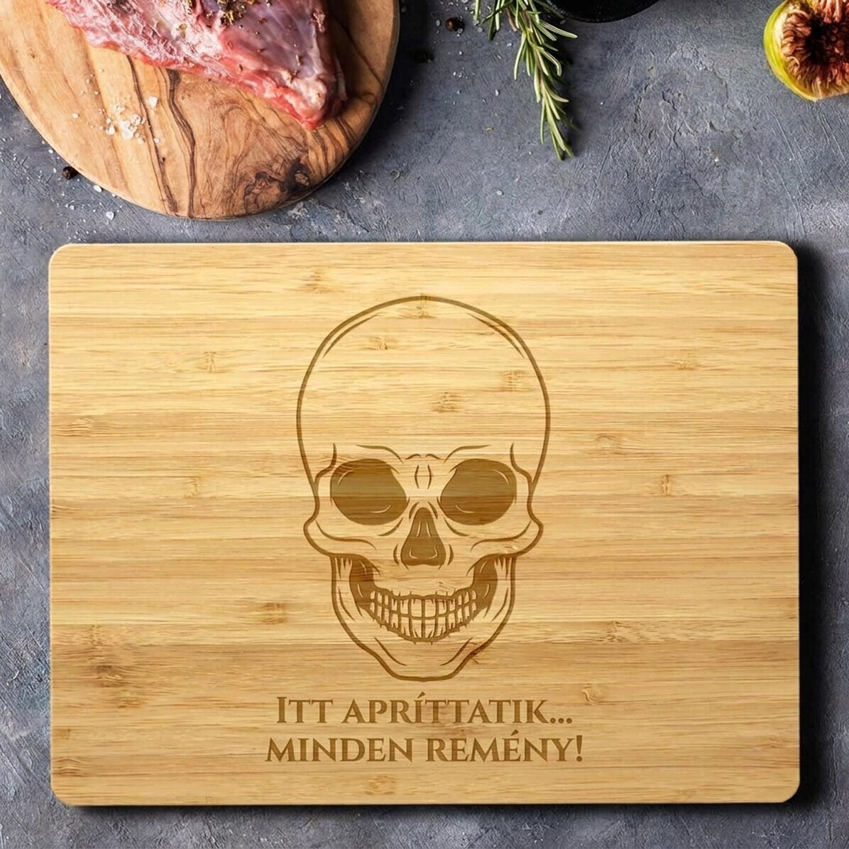 Személyre szabott, téglalap alakú bambusz vágódeszka szöveggel - Skeleton