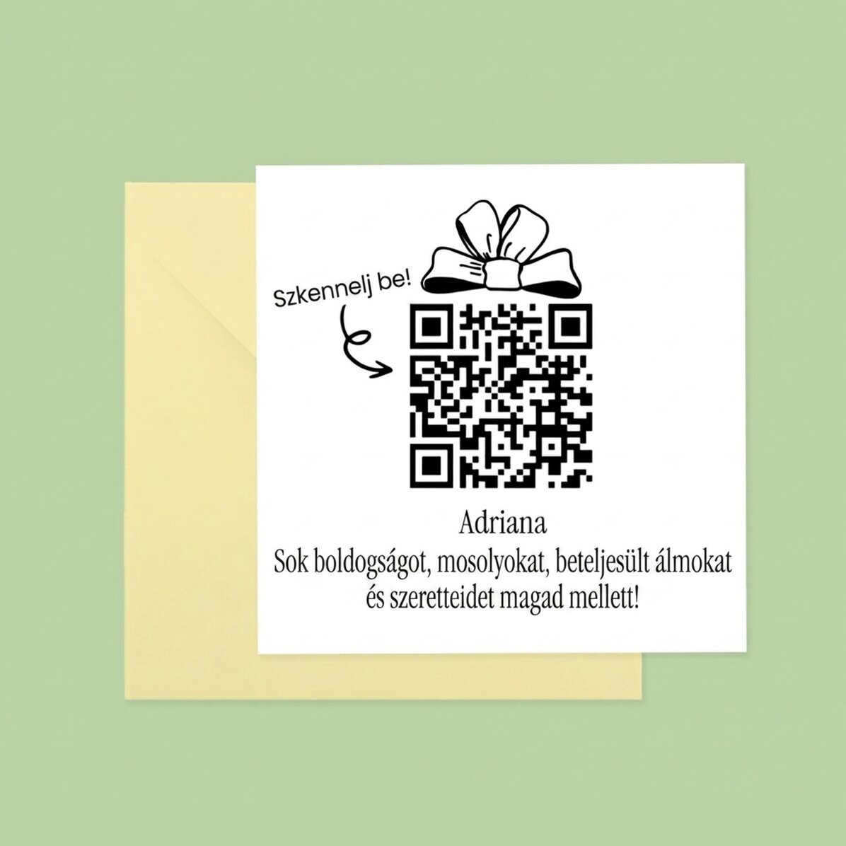 Személyre szabott négyzet alakú kártya üzenettel és QR-kóddal – Boldog születésnapot!