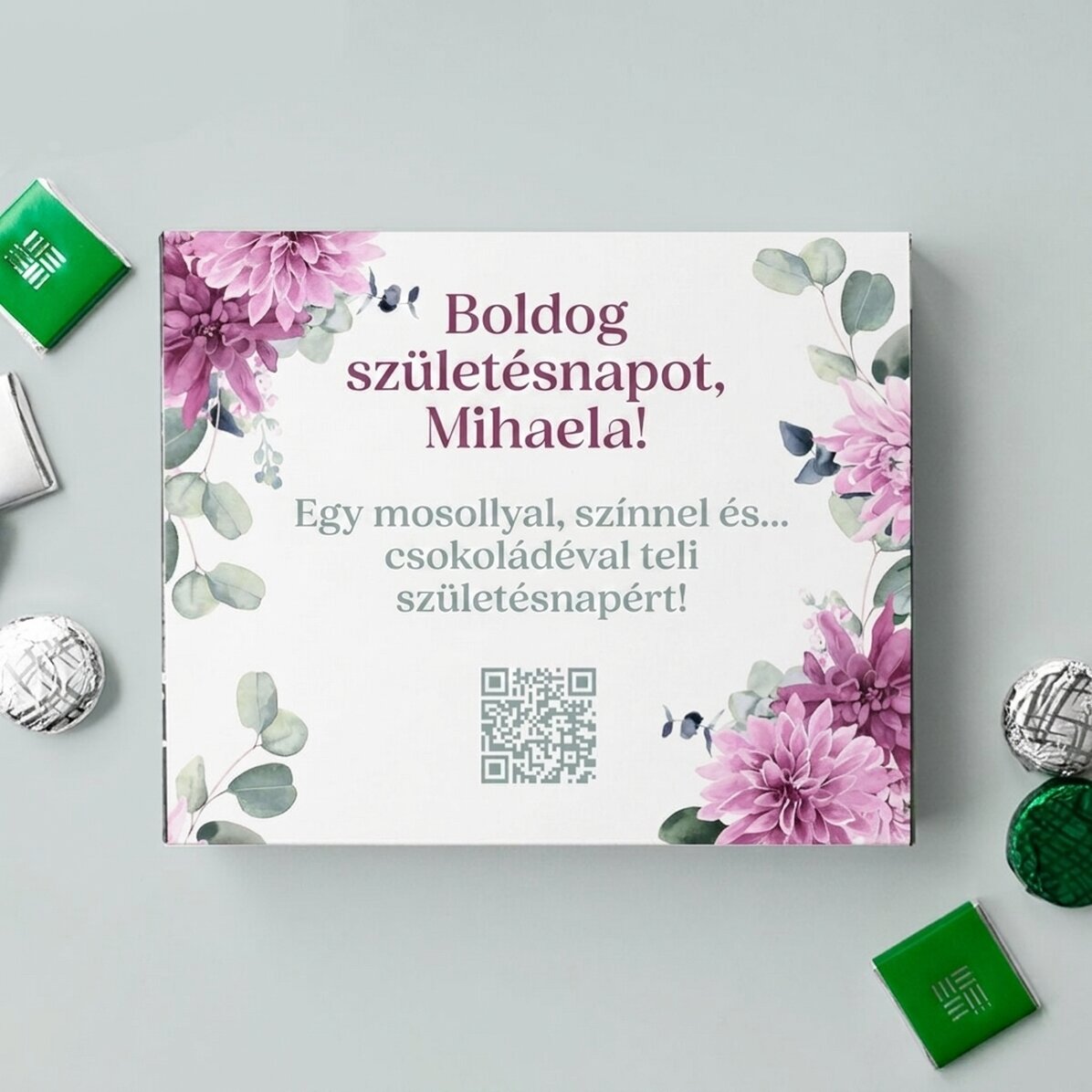Személyre szabott csokoládédoboz üzenettel és QR-kóddal - Virágok