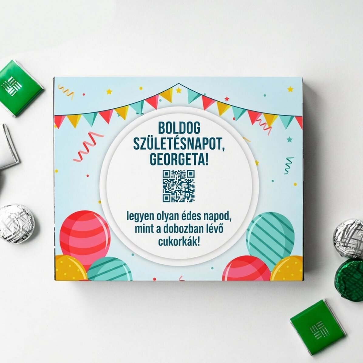 Személyre szabott csokoládédoboz üzenettel és QR-kóddal – Boldog születésnapot!