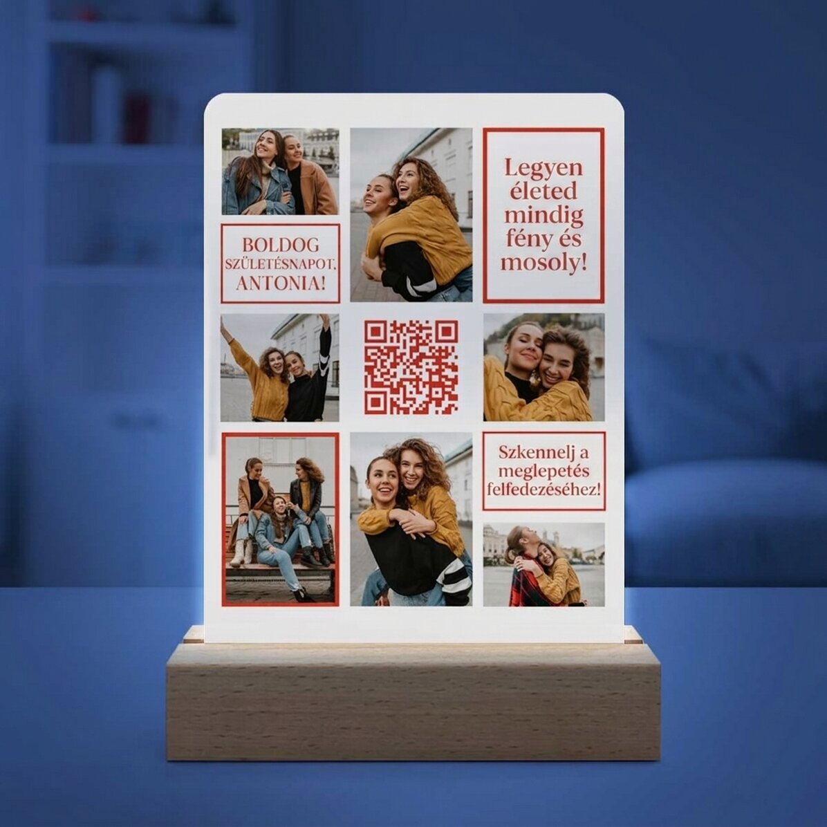 Személyre szabott LED éjszakai lámpa 7 fotóval, üzenettel és QR-kóddal – Boldog születésnapot!