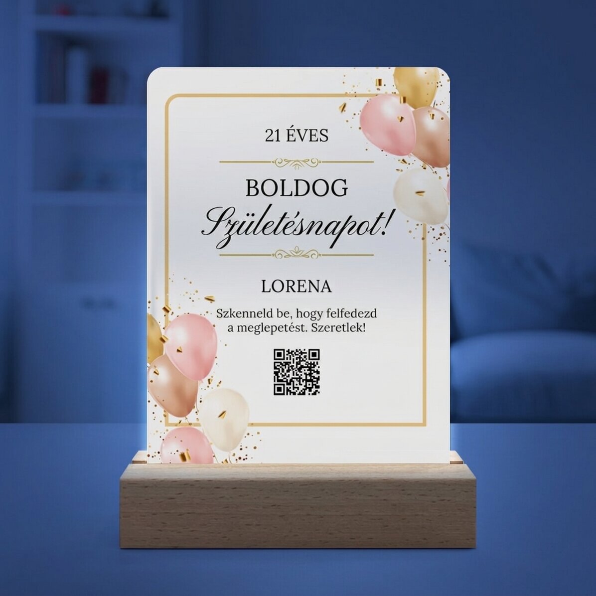Személyre szabott LED éjszakai lámpa üzenettel és QR-kóddal – Születésnap