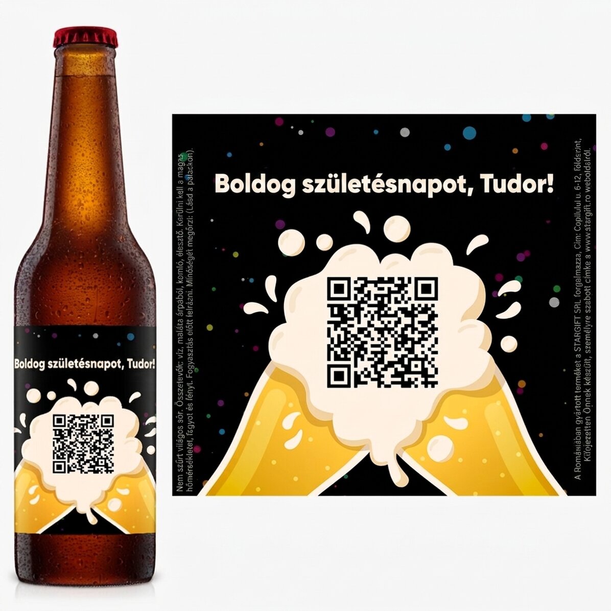 Személyre szabott sör szöveggel és QR-kóddal – Boldog születésnapot!