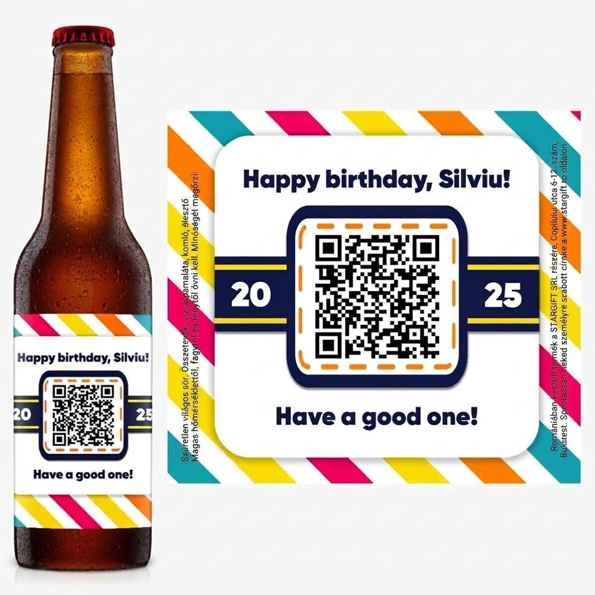 Személyre szabott sör szöveggel és QR-kóddal – Boldog születésnapot!