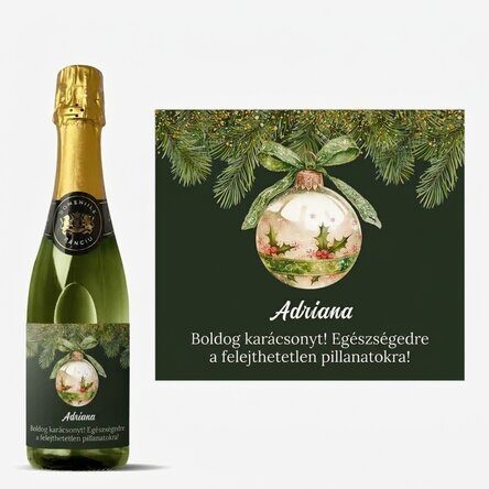 Közepes méretű pezsgősüveg, szöveggel személyre szabva – karácsonyi dísz