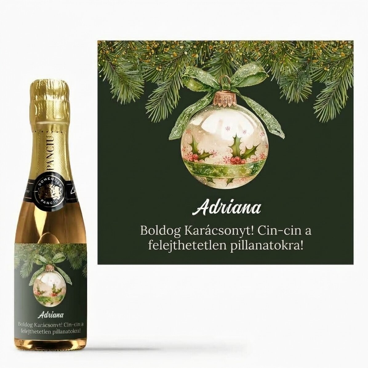Mini pezsgősüveg, szöveggel személyre szabva – karácsonyi dísz