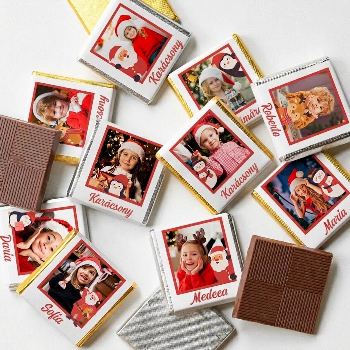 10 darabos mini csokoládé szett, fotókkal és nevekkel személyre szabva – Cute Christmas