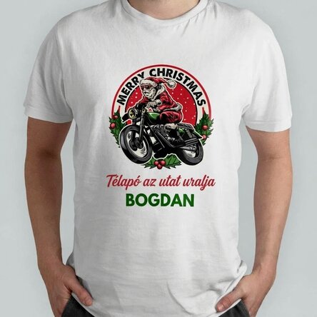 Egyedi pamut póló szöveggel - Mikulás motoron