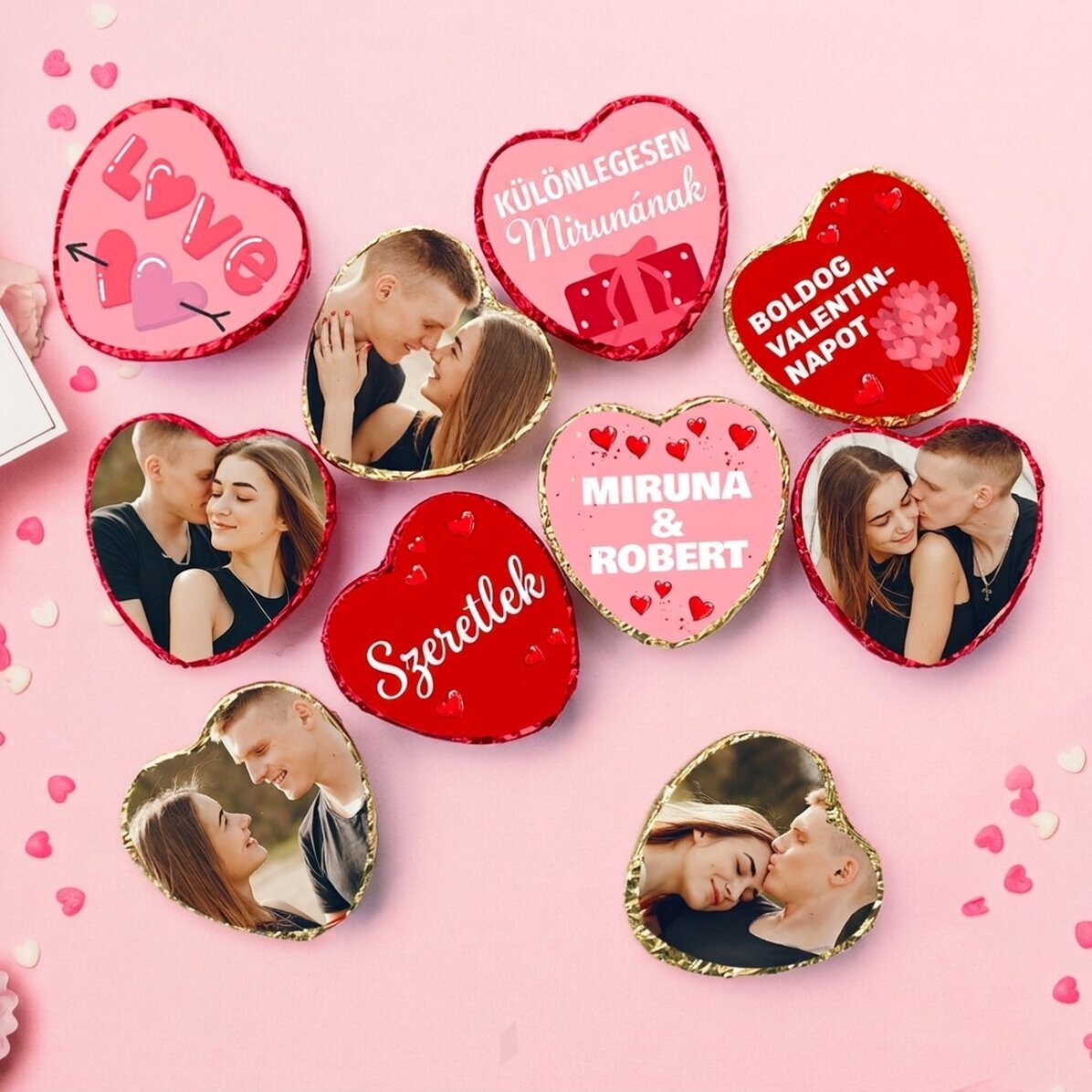 10 darabos mini szív alakú csokoládé szett, fotókkal és szöveggel személyre szabva – Love
