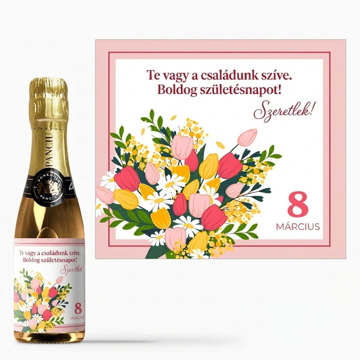 Mini palack pezsgő, személyre szabott szöveggel - Virágok