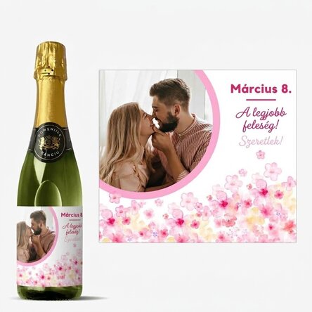 Közepes méretű pezsgősüveg, szöveggel és fotóval személyre szabva – Virágok