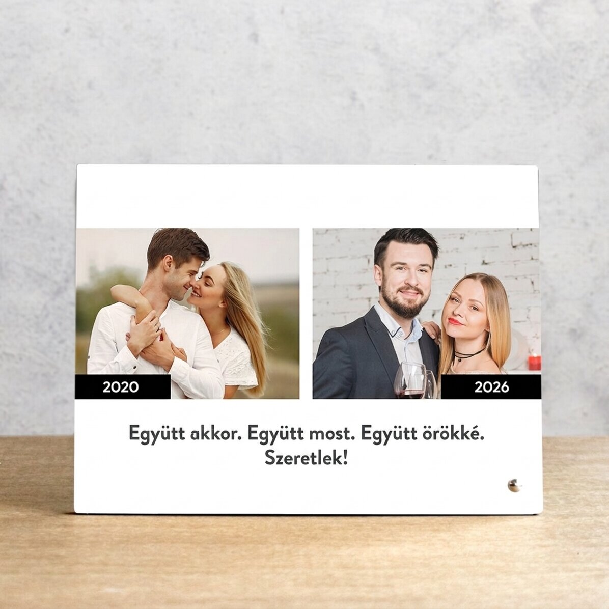 Személyre szabott asztali képkeret szöveggel és 2 fotóval – Akkor és most