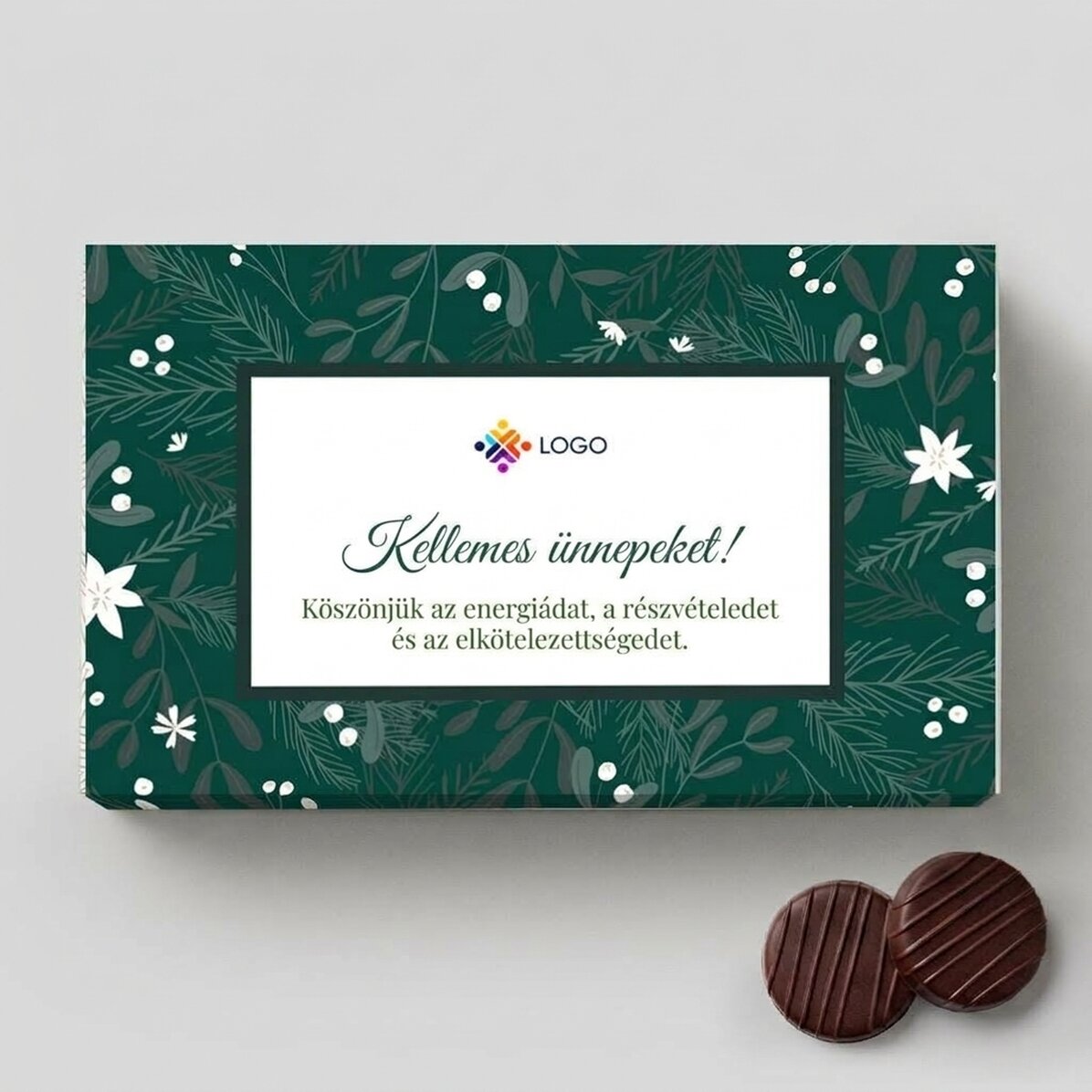 Egyedi logóval és üzenettel ellátott krémes cukorkás doboz – Boldog ünnepeket!