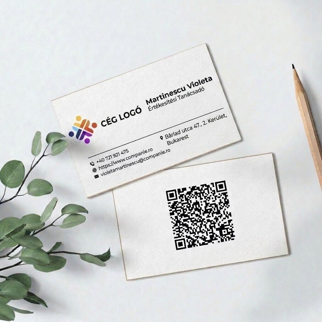 Személyre szabott, kétoldalas papír névjegykártyák QR-kóddal és elérhetőségi adatokkal