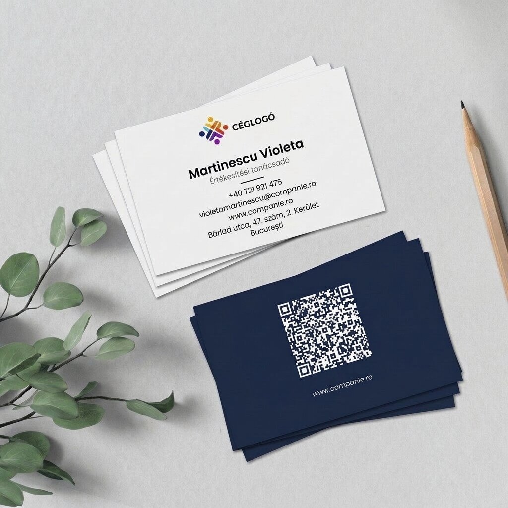 Személyre szabott papír névjegykártyák, minimalista dizájn, logó és QR-kód