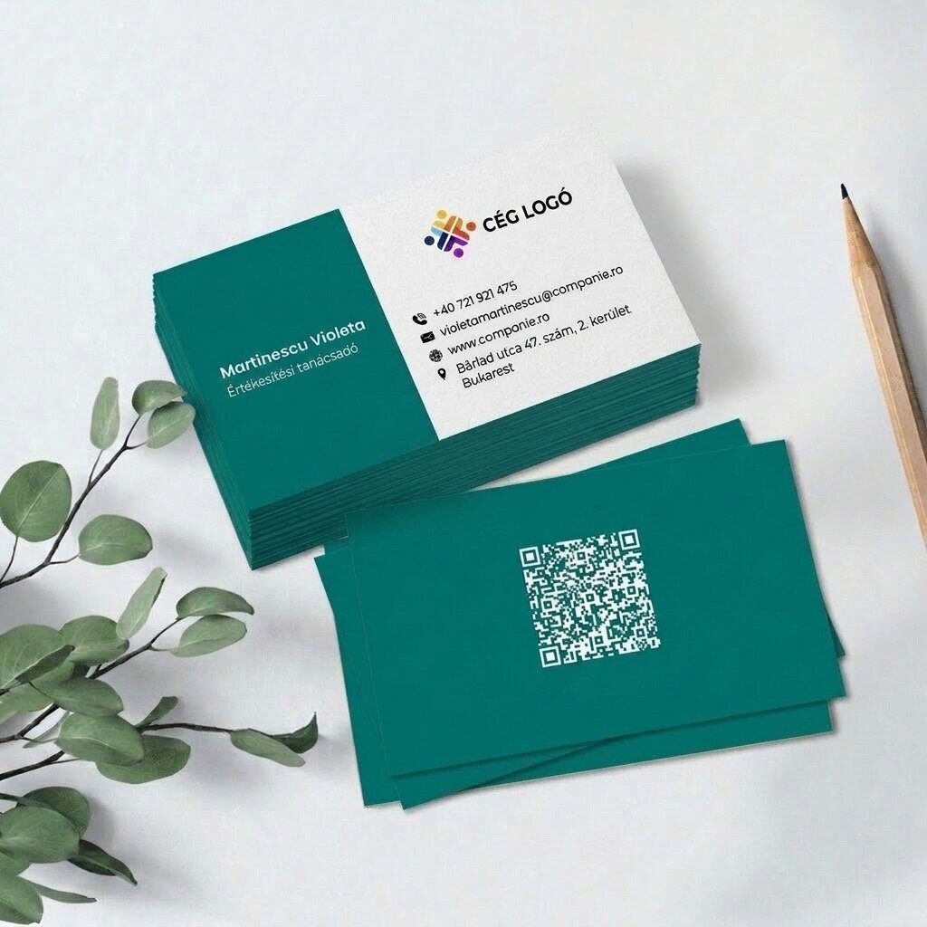 Személyre szabott papír névjegykártyák, színes sávos dizájnnal, logóval és QR-kóddal