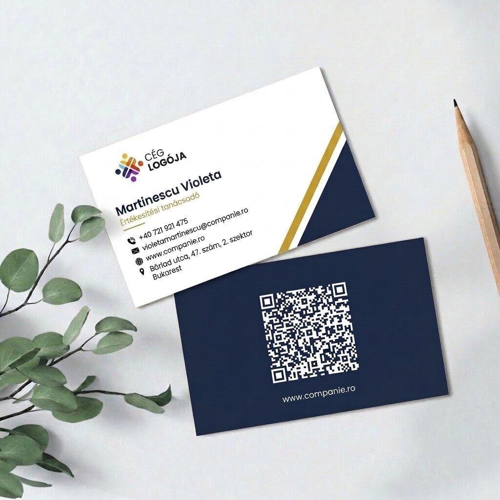 Személyre szabott papír névjegykártyák, geometrikus mintázat, logó és QR-kód
