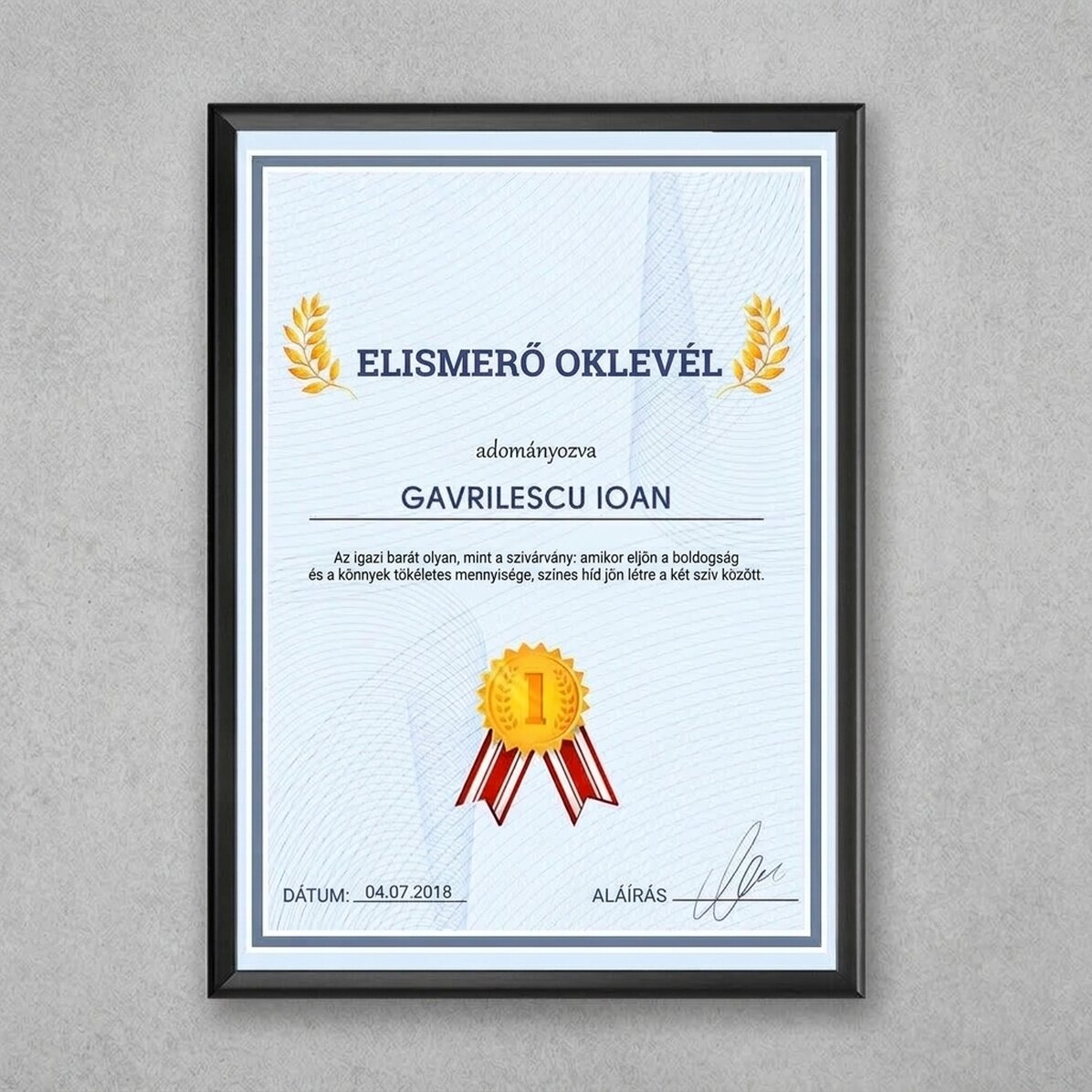 Személyre szabott festmény – Elismerő oklevél