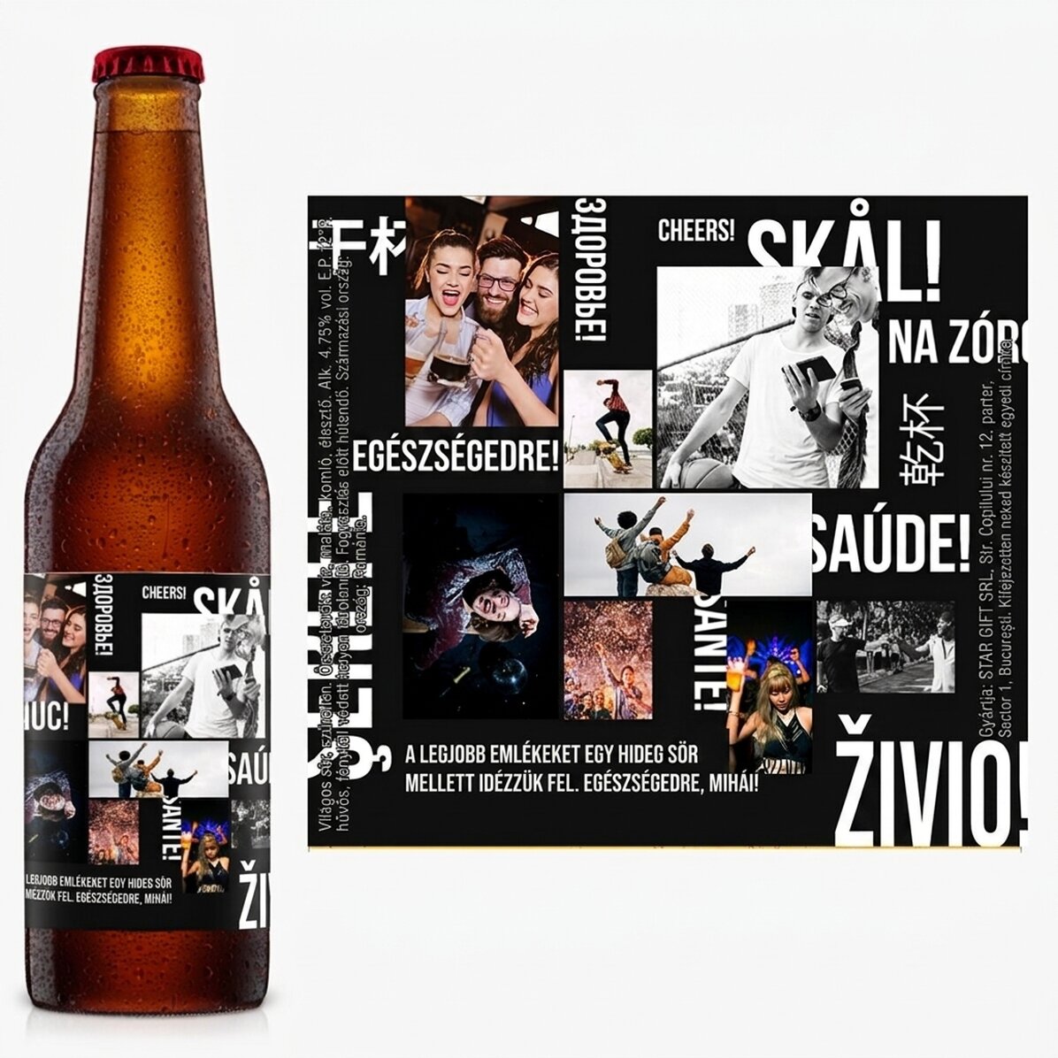 Személyre szabott sör szöveggel és 8 fotóval – Egészségünkre!